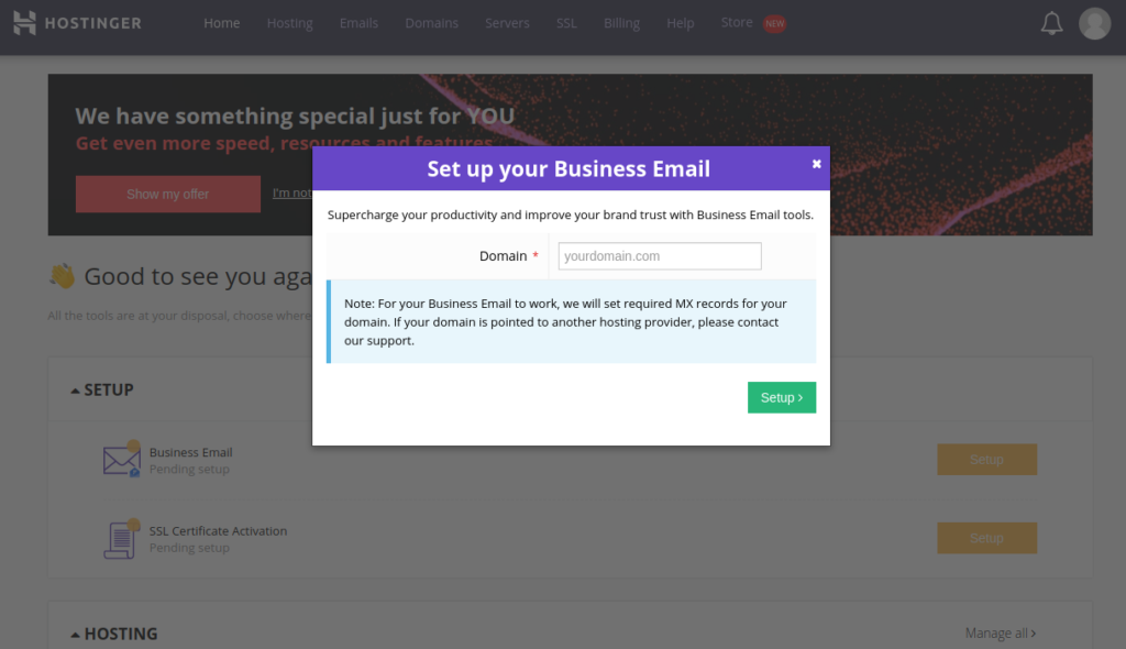 "Set up your Business Email" message in Hostinger web hosting hPanel